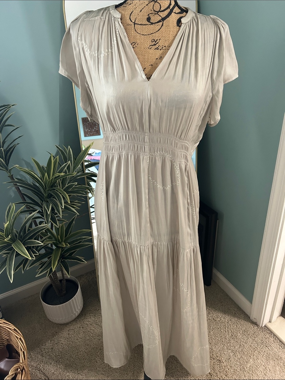 Grade & Gather Beige Tiered Maxi Dress with Smocked Waist